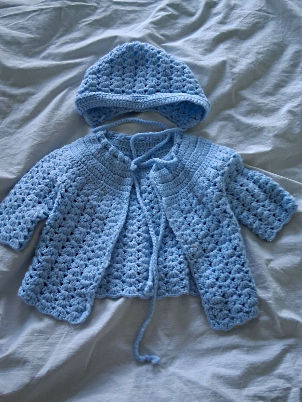 Handmade Blue Crochet Newborn 2pc Layette Set Sweater & Hooded Tie Hat